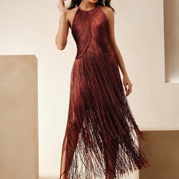 Redwood Elegant Women's Bohemian Fringe Maxi Dress - Picture 7 of 7
